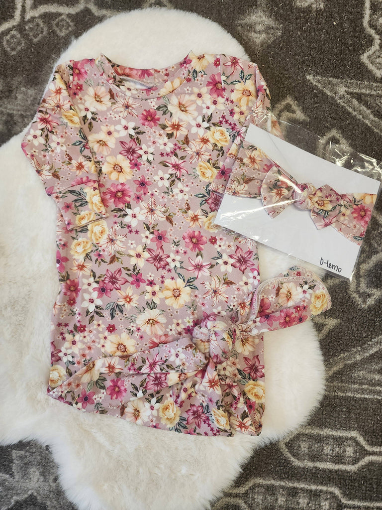 Pink Floral Gown & Bow Set
